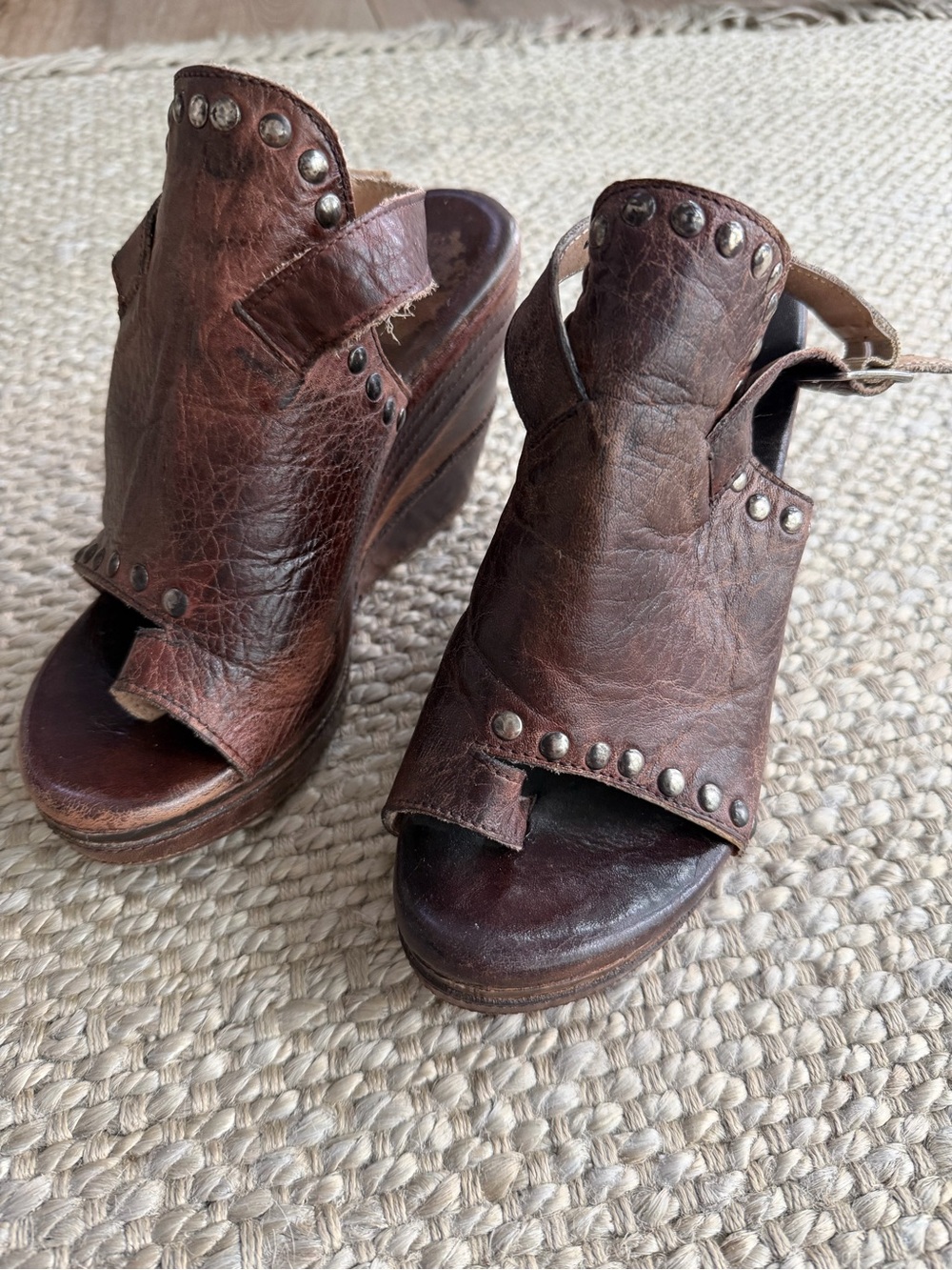 BED|STU Brown Studded Leather Wedge Sandals